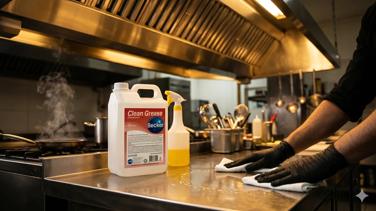 Clean Grease Becker em cozinha industrial com coifa de inox